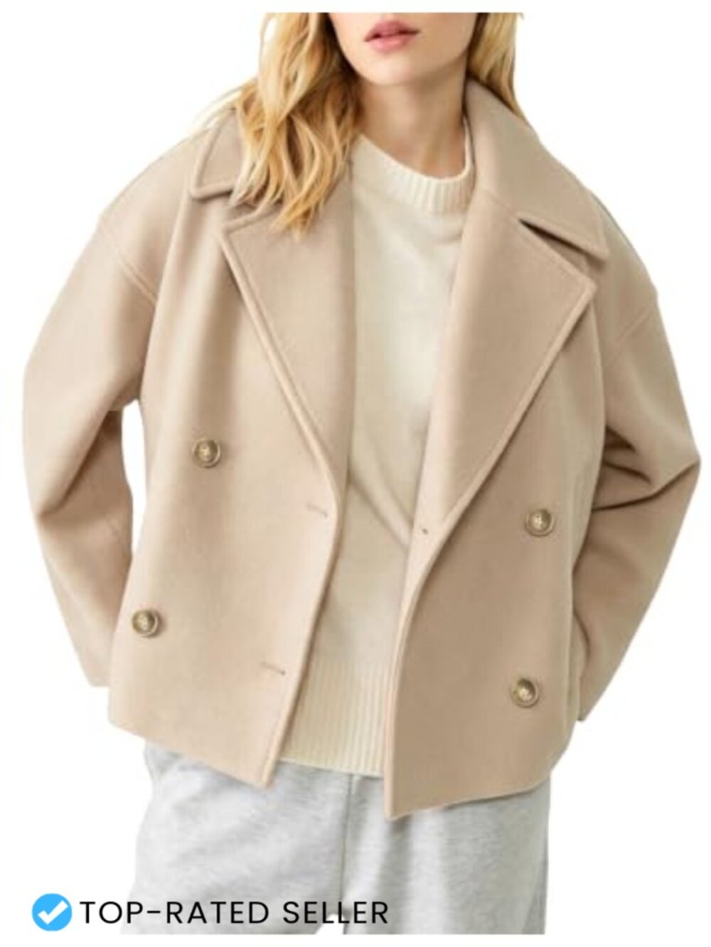Womens Cropped Pea Coat Trench Coat Wool Blend Double Breasted Outerwear